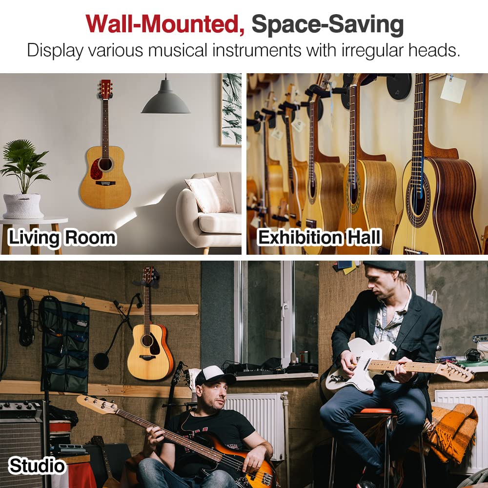 MoKo Guitar Wall Mount Hanger 4-Pack, Universal Wall Hook Holder for Bass, Electric, Acoustic Guitar, Ukulele - Black